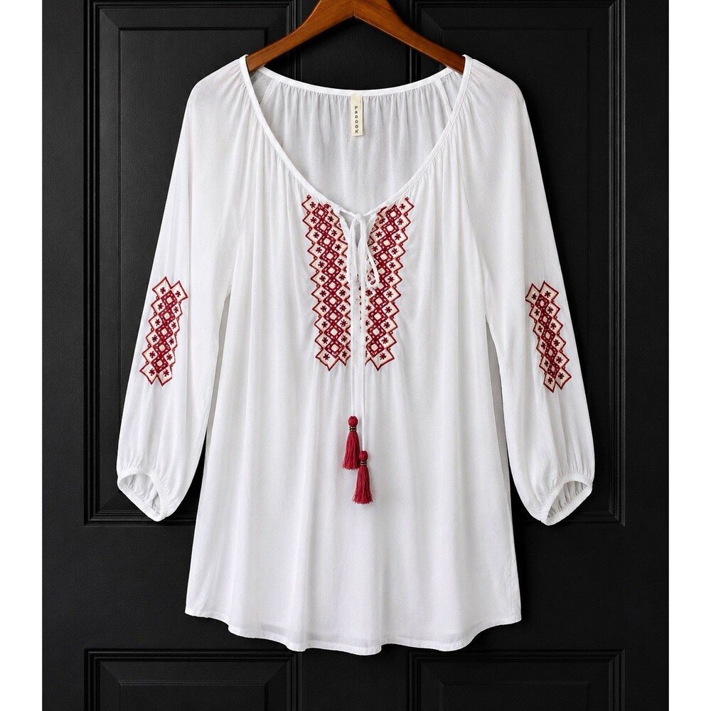 Roper Peasant Blouse Women’s M White Embroidered Boho Tassel 100% Rayon Top